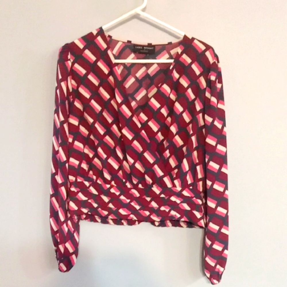 Lane Bryant Navy, Cream, Maroon and Pink Geometric Banded Blouse